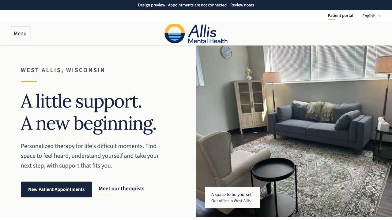 Fleet Street’s proposed Allis homepage, with the original office photography and clear appointment request link