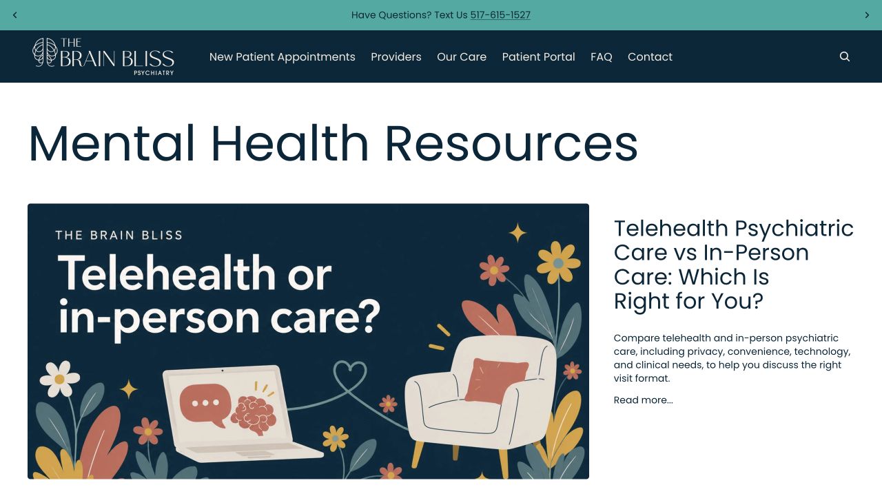 The Brain Bliss Mental Health Resources blog showing a branded article about telehealth and in-person care