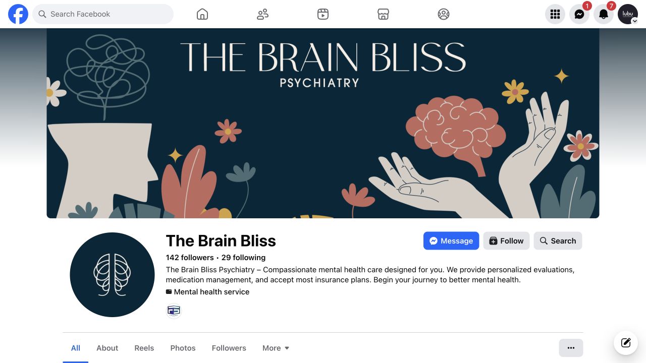 The Brain Bliss Facebook page with the same navy illustrated cover identity as its website