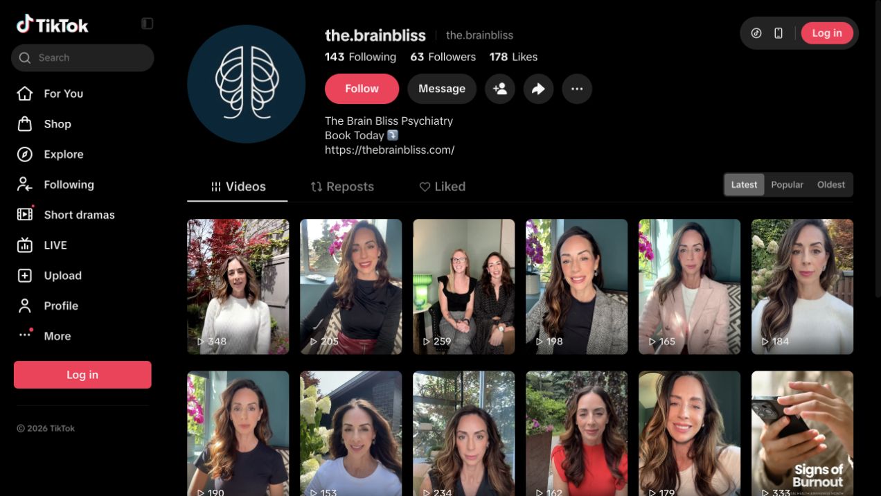 The Brain Bliss TikTok profile and grid of short videos featuring people speaking to camera