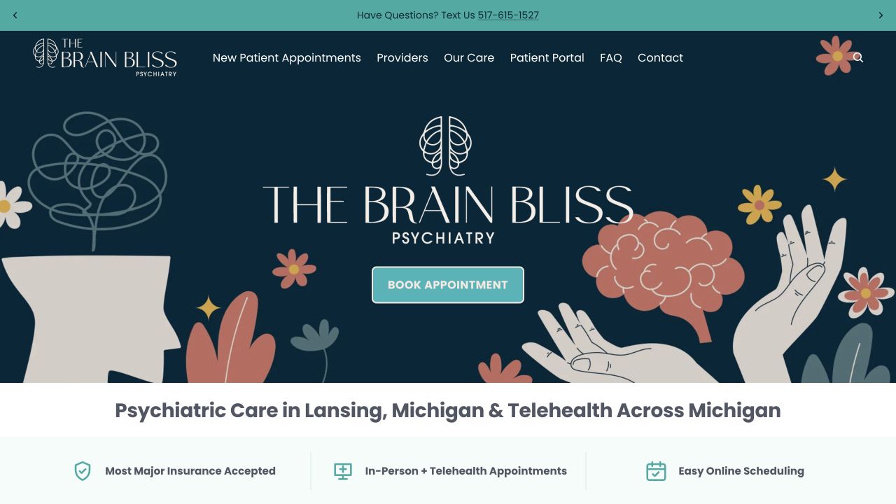 The Brain Bliss homepage with navy and teal branding and an appointment link